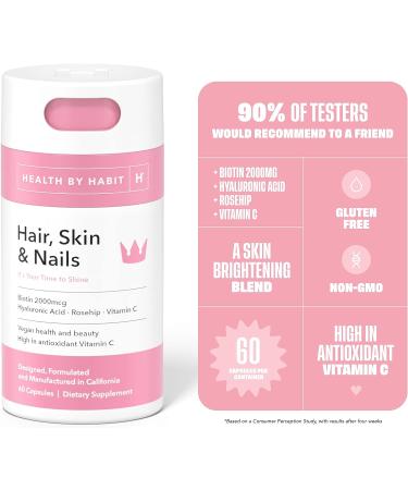 Health By Habit Hair Skin and Nails Supplement - 60 Capsules with Biotin, Vitamins A, B, C, Hyaluronic Acid, Vegan, Non-GMO, Sugar Free - 1 Pack, 60 Count - Buy Online on GoSupps.com
