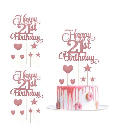 21st Birthday Cake Topper 2 PCS Cake Topper Happy 21st Birthday Cake Topper Double Sided Glitter Card Cake Decorations with Stars for Birthday Anniversary Party Decorations