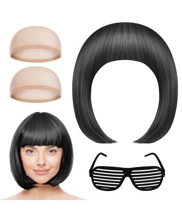 AOMIG Short Bob Wig for Women 4 Pack Short Black Bob Wigs Set with Sunglass and Wig Cap Neon Fancy Dress Accessory Cosplay Party Wig Synthetic Straight Wig for Daily Halloween Decorations