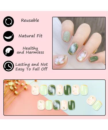 24Pcs Short Square Green Camellia French Press On False Nails | Glossy Stick-On Nails for Women | DIY Manicure Decoration - Buy Online on GoSupps.com