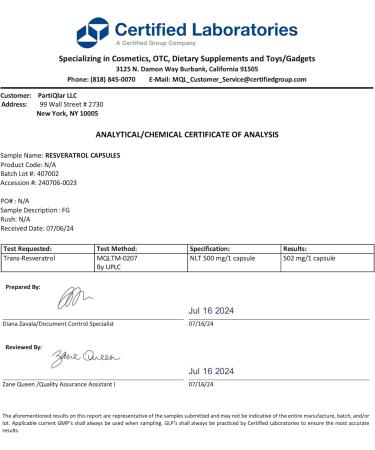 partiQlar High Purity Trans Resveratrol Supplement 500mg - Each Capsule Exceeds 98% Purity - 3rd Party Tested - Vegan - Sirtuin Activating and Cell Protecting Supplement - 60 Capsules - Buy Online on GoSupps.com