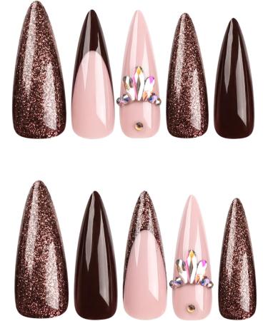 French Tip Press on Nails - Long pointed Press On Nails with Nail Tips Colorful Diamond French False Nail sparkling Deep coffee press on nails Acrylic False Nails Cute Artificial Nails - Buy Online on GoSupps.com