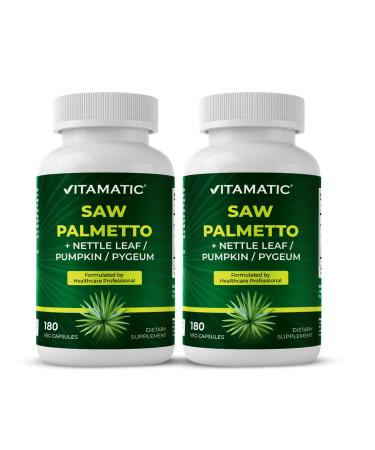Vitamatic Saw Palmetto Extract for Men & Women 180 Veg Capsules - Made with Pumpkin Seed, Pygeum, Nettle Leaf - Made in The USA - Promotes Healthy Prostate Function-2 Pack