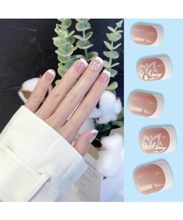 24PCS French Almond Square Press On Nails - Full Cover Acrylic False Nails with Glue - French Stamen Style for Women and Girls Nail Art - Buy Online on GoSupps.com