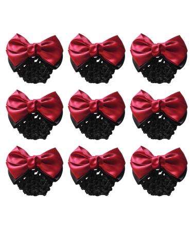 MOTZU 9 Pieces Bowknot Snood Net Barrette Hair Clip Bun Cover Hairnet Lace Bow Decor for Woman  Red