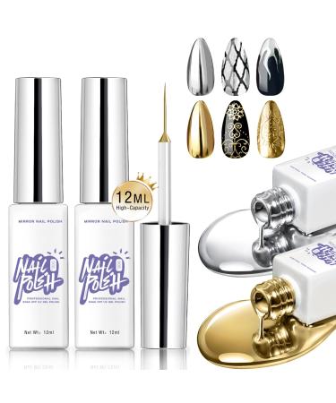 2x12ml Metallic Painting Nail Gel Liner Polish 3D Chrome Liner Nail Art Polish Bright Metal Mirror Effect Painted Drawing Nail Gel High Gloss Shine Soak Off UV/LED Manicure Set #Silver&Gold Silver&Golden