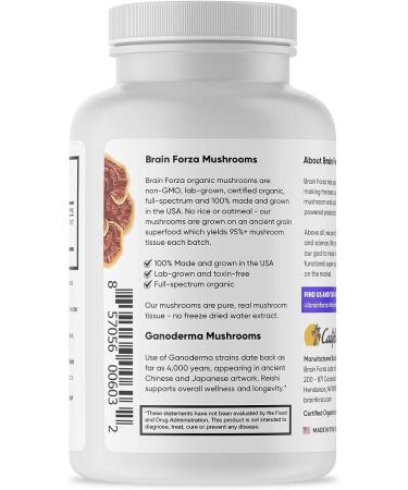 Brain Forza Organic Red Reishi Mushroom Capsules - Immune Support & Cardiovascular Health - 90 Vegan Capsules - Buy Online on GoSupps.com