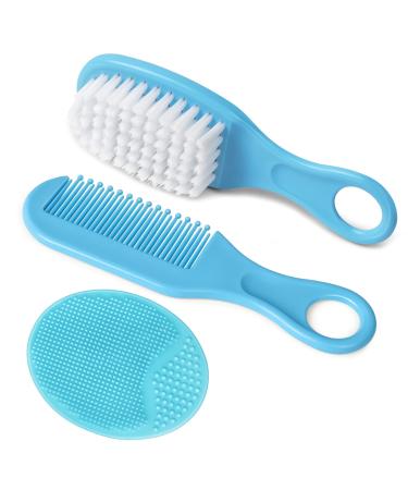 Aolso Baby Hair Brush 3PCS Baby Hair Brush and Comb Set Cradle Cap Brush and Baby Hair Comb for Newborns & Toddlers Perfect Baby Registry Gift Blue