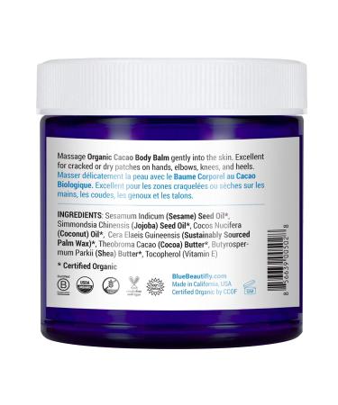 Blue Beautifly Organic Cacao Body Balm - USDA Certified | Soothes & Repairs Dry Skin with Shea Butter & Jojoba Oil | 4 fl oz - Buy Online on GoSupps.com