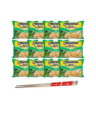 Ja Cor Instant Ramen Noodle Soup Chili Flavor Noodles Bulk Pack 3 oz Package Bundle with 1-Set of Reusable Stainless Steel Chopsticks (12 Individual Packs)