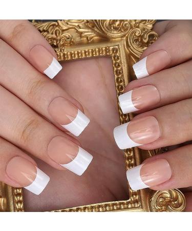 Brinote Square False Nails Nude Medium Length French Fake Nails Full Cover Acrylic Press on Nails Daily Office Fake Fingernails Manicure Nails Art Accessories Stick on Nails for Women and Girls(24Pcs) (1)