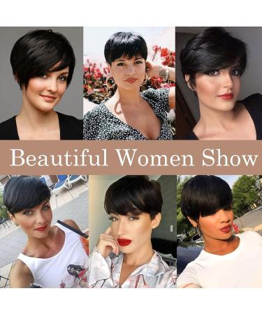 QUEEN VIRGIN REMY Pixie Cut Wig | Short Human Hair Wigs for Black Women with Bangs | 8 Inch Natural Black | Daily Wear Style - Buy Online on GoSupps.com