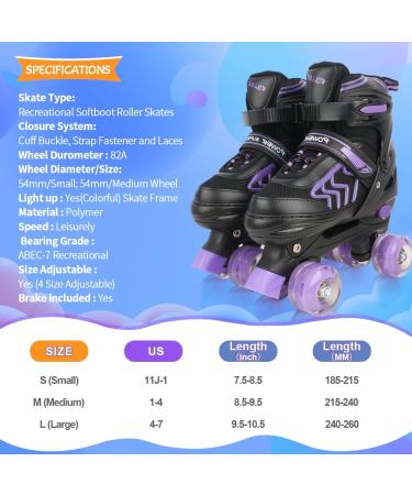 Adjustable Kids Roller Skates for Girls Ages 6-12 | Light-up Wheels | Black & Purple | Big Kid(1-4) - Buy Online on GoSupps.com