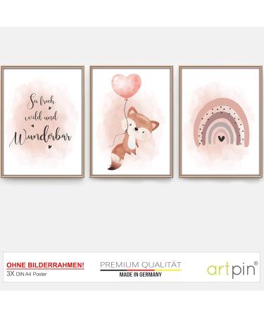 artpin Poster Set for Children's Room | 3 Pictures - Old Pink Balloon Rainbow Fox | Baby Room Decor for Girls - Buy Online on GoSupps.com