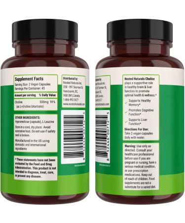 Nested Naturals Choline Bitartrate 500mg - High Potency Choline Supplements - Supports Maternal & Fetal Health During Pregnancy* - 100% Vegan & Non-GMO - 2-Pack (180 Vegan Capsules) 90 Count (Pack of 2) - Buy Online on GoSupps.com