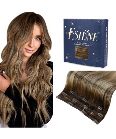 Fshine clip in hair extensions real human hair 30cm 3PCs dark brown balayage caramel blonde highlights brown human hair balayage brown hair extensions clip in 50g #4/27/4 2.1 clip #4/27/4 30cm