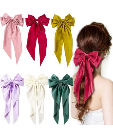 Silky Satin Hair Bows Ribbon Hair Barrettes Clip for Women Large Bow Hair Slides Metal Clips Big Barrette Long Tail Soft Solid Girls Womens Barrettes 90's Hair Accessories 6 PCS Multicolor Assorted Color-1