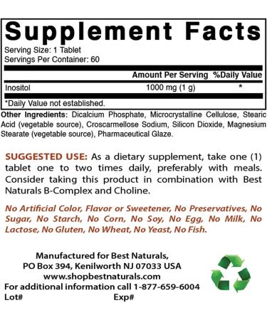 Best Naturals Inositol 1000mg - 60 Tablets | Natural Mood Support - Buy Online on GoSupps.com