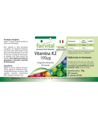 Fairvital Vitamin K2 MK-7 100 g | High Dose Vegan Menaquinone from Natto - 90 Capsules for Healthy Bones & Cardiovascular Support - Buy Online on GoSupps.com