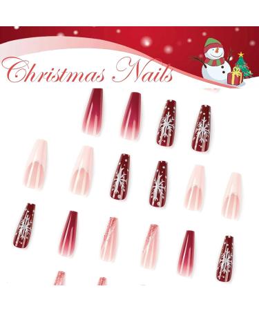 Coffin Christmas False Nails Set - Red Gradient Snowflake Xmas Design | 24Pcs Long French Fake Nails with Nail Glue for Women & Girls - Buy Online on GoSupps.com