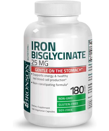 Bronson Iron Bisglycinate 25mg - Gentle on Stomach - Supports Energy & Red Blood Cell Production - Non-Constipating Formula - 180 Vegetarian Capsules - Buy Online on GoSupps.com