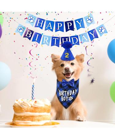 AOT Dog Birthday Party Supplies Plaid Cute Doggy Bandana Set with Happy Birthday Banner Cap Bowtie Birthday Number Puppy Birthday Outfits for Small Medium Dogs Pets Medium BLUE - Buy Online on GoSupps.com