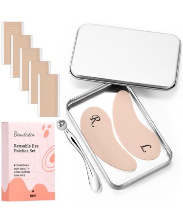 Under Eye Patches Silicone - Reusable Eye Patches + Silicone Fixing Tape Cuttable Eye Wrinkle Patches Reusable Eye Mask Plump Fine Lines & Wrinkles Eye Cream Applicator + Tin Case