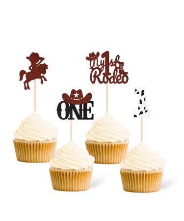 Gexolenu 24 Pcs My First Redeo Cupcake Toppers 4 Shapes Glitter Brown Cowboy Hat One Boots Cupcake Picks For Western Theme Baby Shower First Birthday Cake Decorations Rodeo Party Supplies Style E