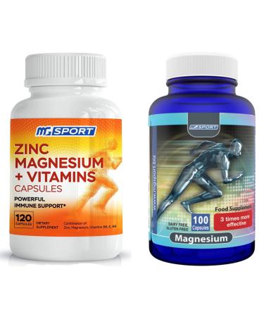 High Absorption Zinc and Magnesium (100 Count) Bundle - Magnesium for Leg Cramps and Sore Muscles Relief - Zinc for Immune Support and Recovery - with Vitamin B6 D and E