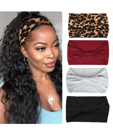XTREND 4 Pack Wide Headband Fashion Headscarf Bohemian Style Elastic Knotted Non-slip Headband Suitable For Black Women Outdoor Yoga Sports Printed Hair Accessories Headbands Color-4 Pcs Leopard Red Light Gray Black