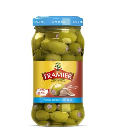 Tramier Olives Apéro Stuffed with Anchovies -25% Salt (1 x 180 g), green olives from Spain and stuffed with anchovy paste, ol
