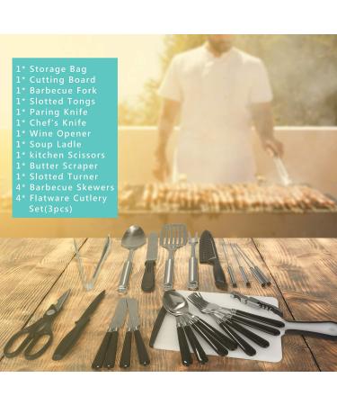 Portable Stainless Steel Camping Kitchen Utensil Set - 9Pcs or 27Pcs - Ideal for Outdoor Cooking, Grilling, BBQs, RVs, Picnics, and Parties - Buy Online on GoSupps.com