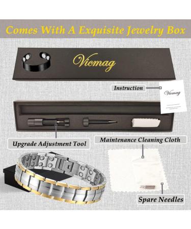 Vicmag Men Magnetic Bracelet | Titanium Steel | Double Row 3500 Gauss | Adjustable Wristband | Jewelry Gift Box | Silver Gold - Buy Online on GoSupps.com