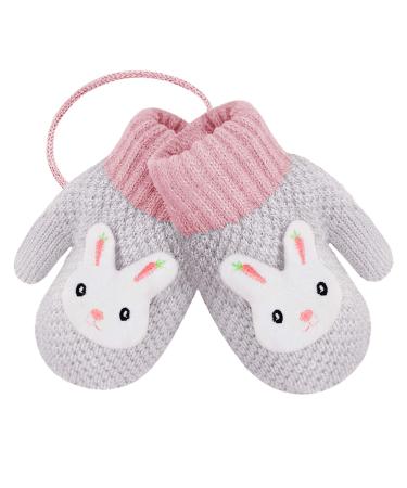 RUIXIA Kids Winter Knitted Gloves Cute Cartoon Bear Hang Neck Mittens Newborn Baby Warm Mitten Thicken Cashmere with Rope Mitten Thermal Full Finger Wrist Glove Boy Girl 0-3Y Gift Grey -Bunny