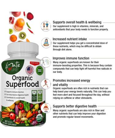 Organic Superfood Greens Fruits Veggies Complex - 120 Count Pack - Antioxidant-Rich Dietary Supplement with 14 Greens, 14 Fruits & Vegetables, Alfalfa - Non-GMO, Organic Ingredients - Buy Online on GoSupps.com