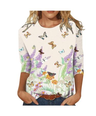 Summer 3/4 Sleeve Shirts for Womens Loose Round Neck Pullover Painting Pattern Trendy Tops Casual Comfy Tees Shirt Medium 04-purple