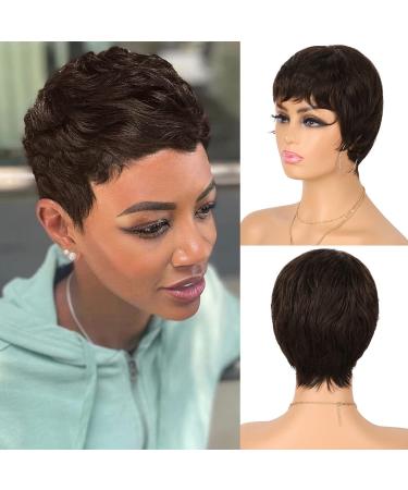 Fereowth Short Human Hair Wigs for Women Brown Pixie Cut Wigs Short Straight Boy Cut Ladies Wigs Natural Black 4# Color