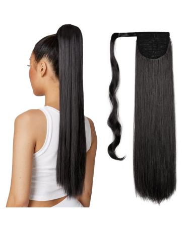 Teruntrue 24 inches long straight horse-tailed hair extension wraps ponytail extensions of curly synthetic clip in ponytail hair extensions hair part for woman black winding black (1b#) 24 inches