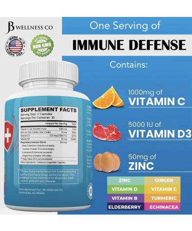JB Wellness CO Immune Support 8 in 1 Capsules - Zinc, Vitamin D3, C, Elderberry - Immune Booster with Echinacea, Ginger, Turmeric - 2-Pack - Buy Online on GoSupps.com