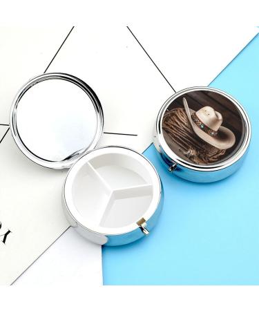 Round Pill Box - American West Rodeo Hat Print | 3 Compartment Medicine Organizer | Decorative Metal Portable Pocket Pill Case - Buy Online on GoSupps.com