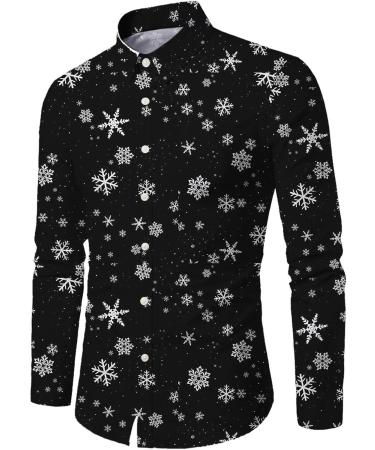 Men's Slim Fit Christmas Shirt | Long Sleeve Button Down Winter Fashion | Snowflake Print Blouse | X-Large Black - Buy Online on GoSupps.com