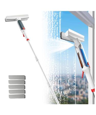 RRRYYYZZ 75'' Spray Window Washing Kit with 4-Section Extension Pole 4 in 1 Shower Squeegee for Tile Shower Walls Squeegee for Window Cleaning with Sewage Collector and 5 Pads