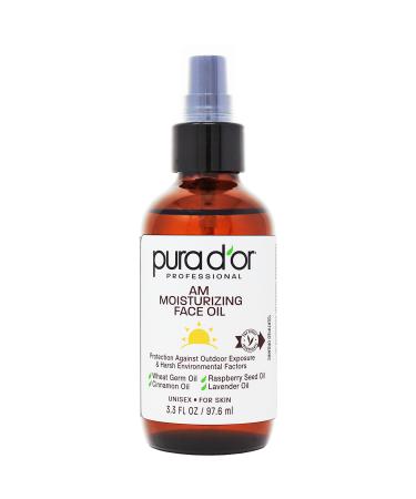 PURA D'OR 3.3 Oz ORGANIC AM Moisturizing Face Oil - Morning Glow Hydrating Skincare - Anti-Aging Brightening Lightweight Moisturizer for Glowing Skin - All Natural Vegan Paraben-Free - Women & Men