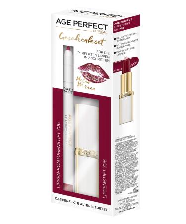L'Or al Paris Age Perfect Helen Mirren's lip set lipstick and lipliner in No. 706 Perfect Burgundy intensive care and shine in a rich berenton