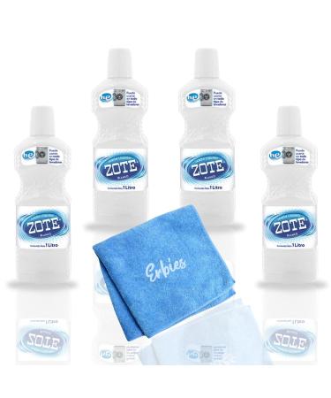 bundle of Zote Liquid Soap - 1 Liter 33.8oz (Pack of 4) with Bonus Cleaning Cloth - Powerful Zote Soap Laundry Solution for Brighter Whites and Fresher Clothes
