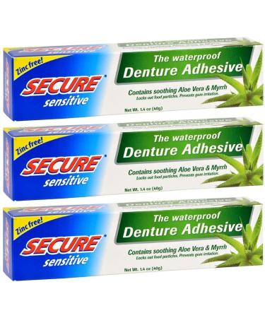 Secure Sensitive Gums Waterproof Denture Adhesive with Gum Soothing Aloe Vera & Myrrh - Extra Strength All Day Strong Hold - Zinc Free - 1.4 oz (3 Pack)