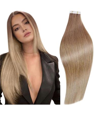 RUNATURE Tape in Human Hair Extensions Remy Brown Ombre Blonde Tape in Hair Extensions Real Human Hair Ombre Tape Hair Extensions Blonde 22 Inch 50 Gram 22 Inch 1-Tape #10/14