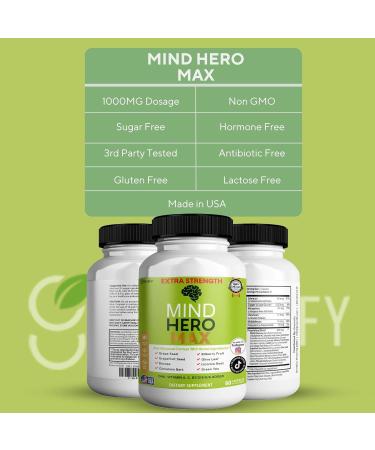 Mind Hero Max Extra Strength Nootropic Supplement with Herbal Ingredients 60 Capsules DHA Vitamins Bacopa Green Tea Grape Seed Extract (1) - Buy Online on GoSupps.com