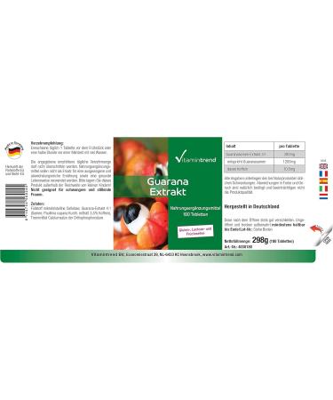 Guarana Extract - 1200mg Guarana Seeds - 4 times concentrated - Vegan -! FOR 6 MONTHS! - 180 tablets - Advantageous bottle | Vitamintrend  - Buy Online on GoSupps.com