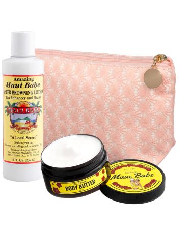 Maui Babe After Browning Lotion 8oz & Maui Babe Body Butter 8.3oz - Tan Enhancer Lotion & Body Butter with Iridescent Pink Bag - Amazing Maui Babe After Tan Moisturizer Lotion Kit - Hawaiian After Sun Lotion Tan Extender